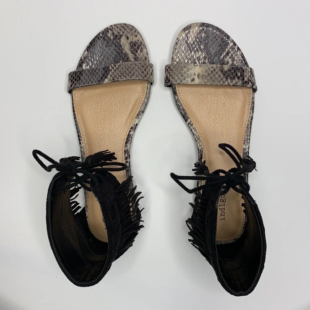 Indigo Black Fringe Sandals Size 8